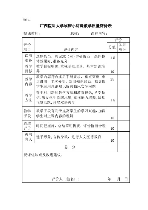 广西医科大学临床小讲课教学质量评价表