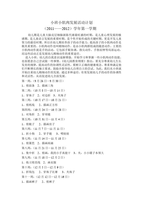 小班小肌肉发展活动计划2011—2012学年第一学期
