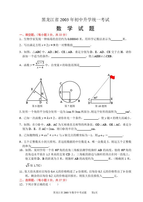 2003黑龙江中考数学试卷及答案