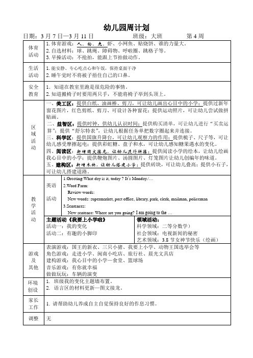 幼儿园大班班级周计划第4周