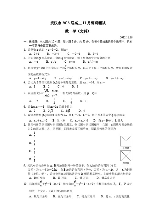 湖北省武汉市2013届高三11月调研测试数学(文科)-含答案