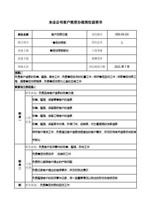 木业公司客户服务管理岗位说明书