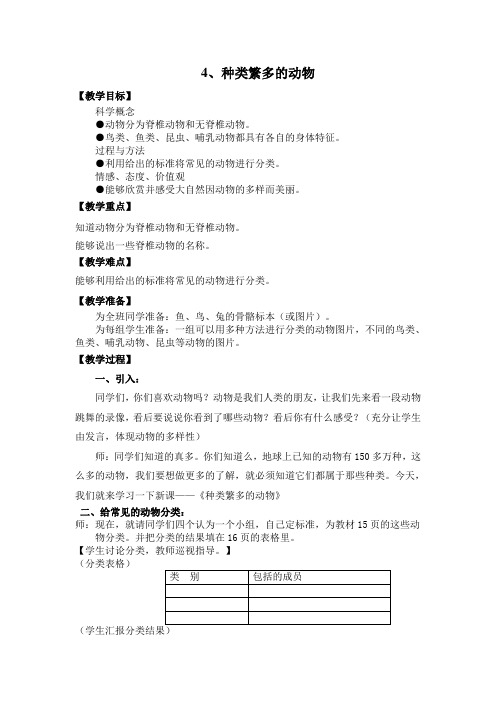 《种类繁多的动物》教学设计及反思