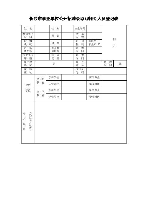 长沙市事业单位公开招聘录取(聘用)人员登记表