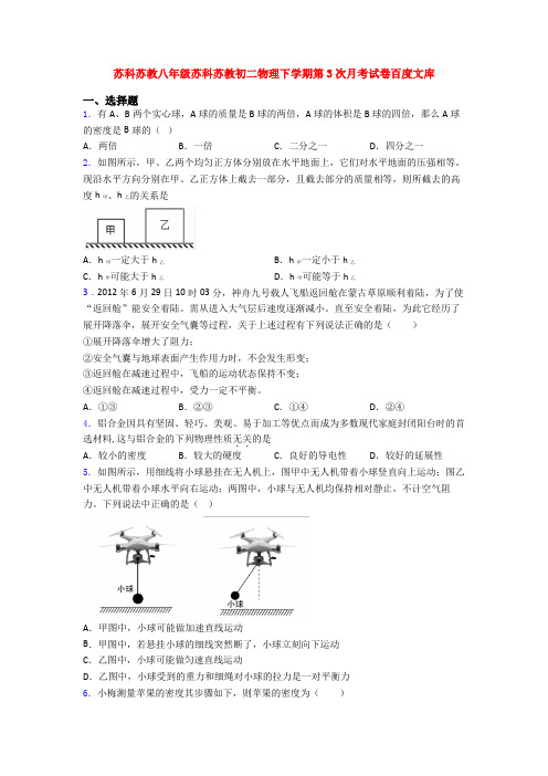 苏科苏教八年级苏科苏教初二物理下学期第3次月考试卷百度文库