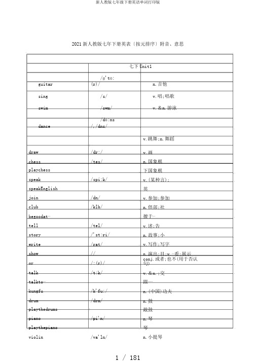 新人教版七年级下册英语单词打印版