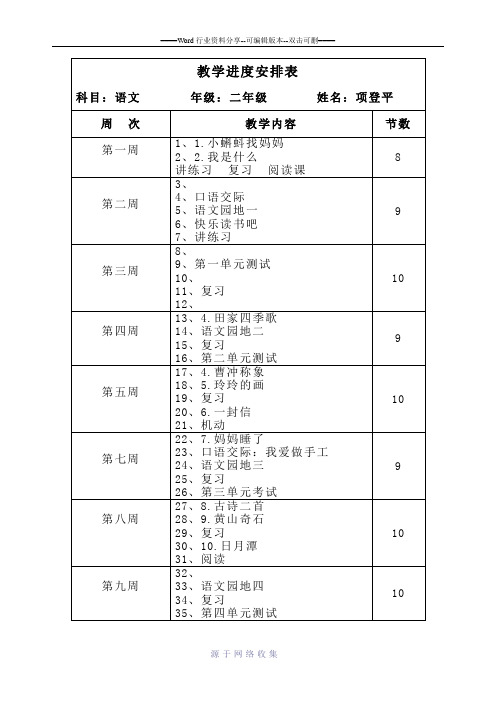 最新新版部编二年级上语文教学进度安排表