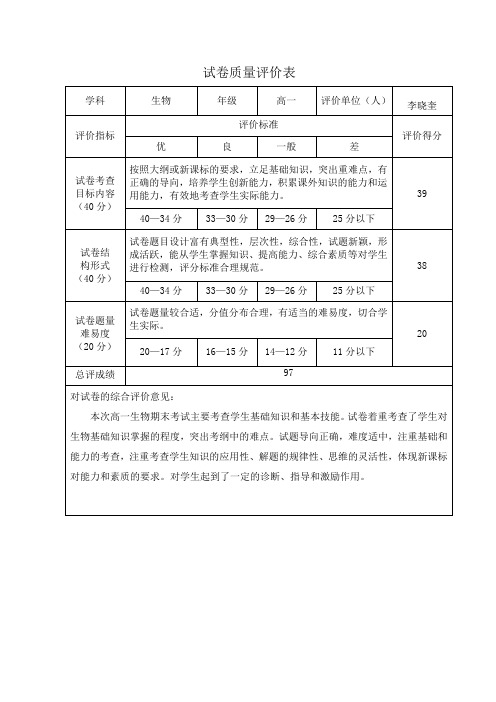 试卷质量评价表格模板