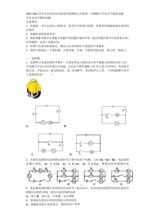 2023-2024学年山东省滨州市集团学校物理九年级第一学期期中学业水平测试试题含解析