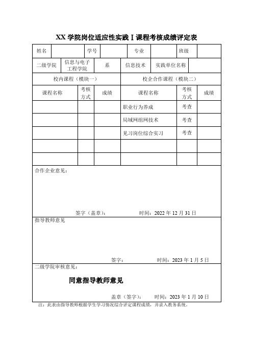 岗位适应性实践Ⅰ课程考核成绩评定表(纸质版)