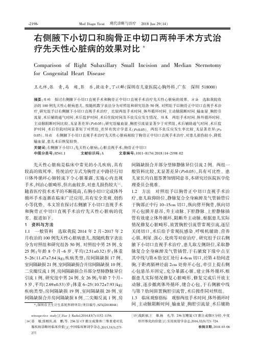 右侧腋下小切口和胸骨正中切口两种手术方式治疗先天性心脏病的效果对比