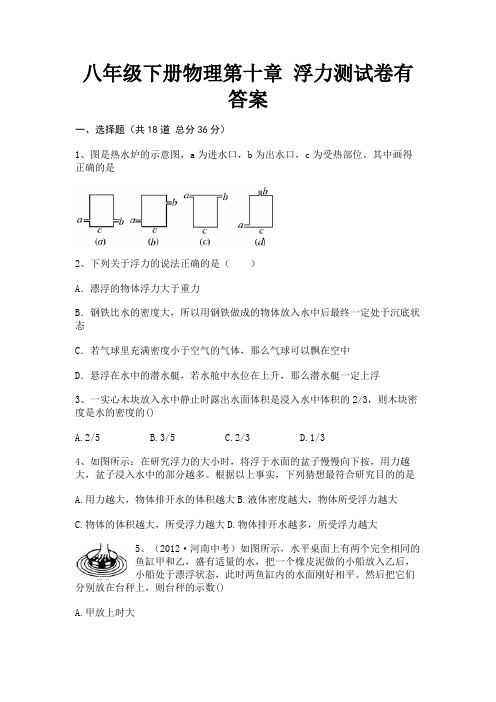 八年级下册物理第十章 浮力测试卷有答案解析