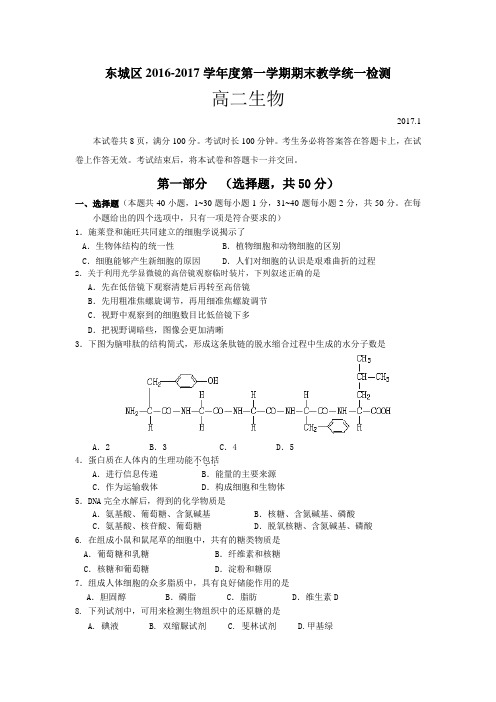 东城区2016-2017第一学期高二期末考试----生物(含答案)