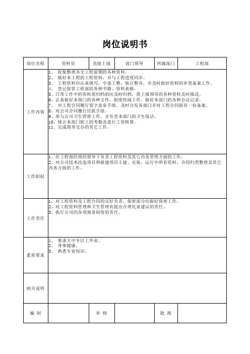 制浆造纸企业工程部资料管理员兼内勤岗位说明书