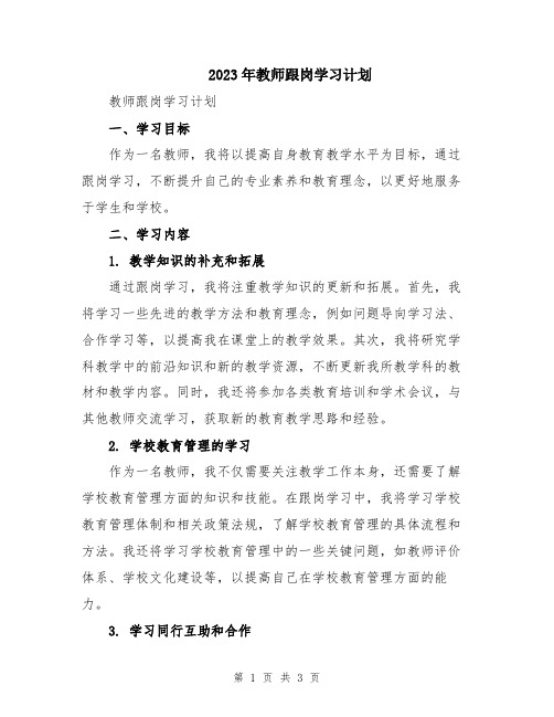 2023年教师跟岗学习计划