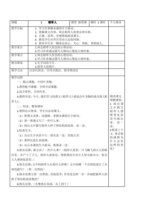 最新小学语文版S版六年级语文上册 1 (教案)稻草人教案1