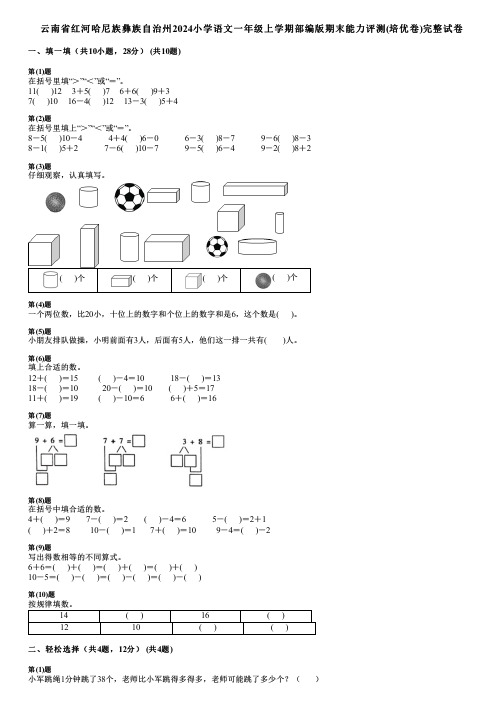 云南省红河哈尼族彝族自治州2024小学数学一年级上学期部编版期末能力评测(培优卷)完整试卷