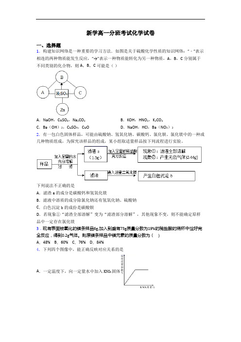 新学高一分班考试化学试卷