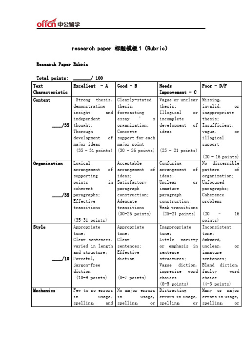 【文书写作】research paper 标题模板1(Rubric)