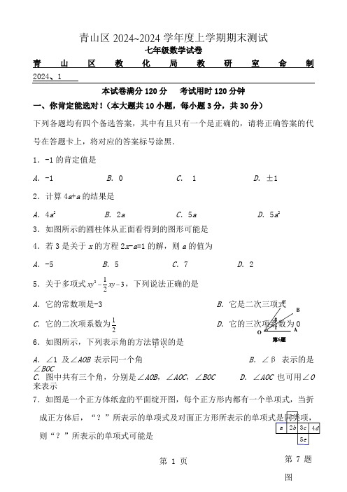 湖北省武汉市青山区20242024学年七年级上学期期末数学试题