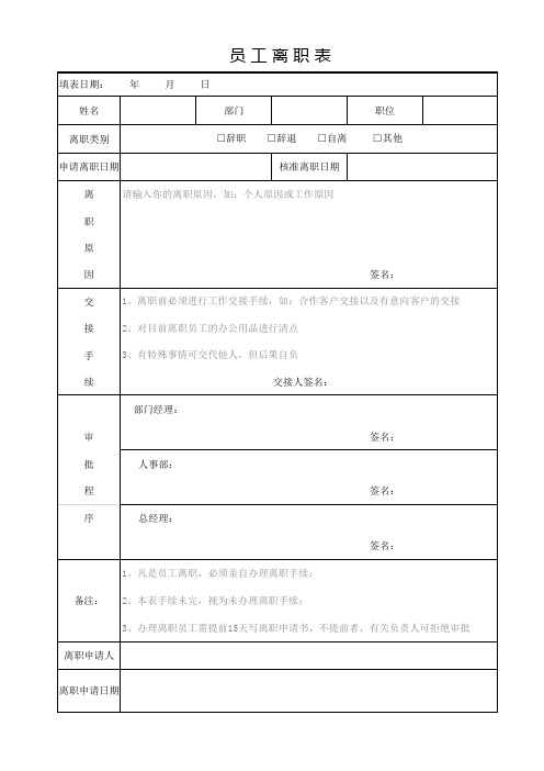 公司员工离职表Excel模板(推荐)