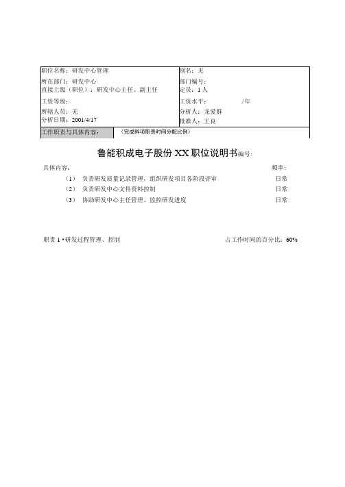 研发中心管理岗位职责