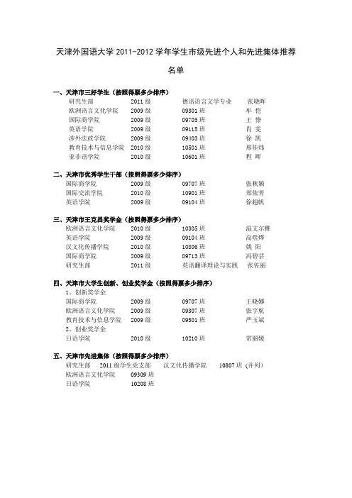 天津外国语大学20112012学年学生级先进个人和先进集体