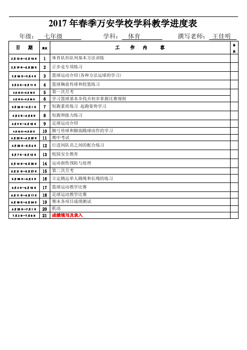 2017年春季万安学校七年级体育教学进度表