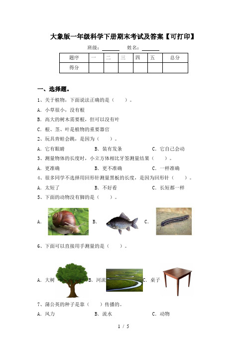 大象版一年级科学下册期末考试及答案【可打印】