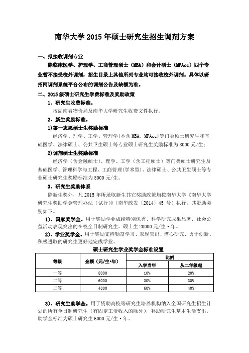 南华大学2015年硕士研究生招生调剂方案