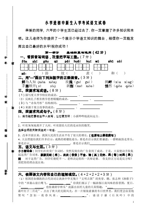 小学进初中新生入学考试语文试卷(附参考答案)