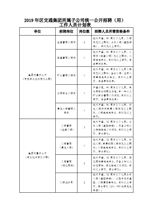 2019年区交通集团所属子公司统一公开招聘(用)工作人员计划表.doc