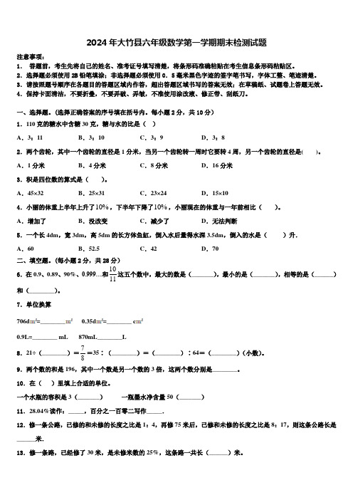 2024年大竹县六年级数学第一学期期末检测试题含解析