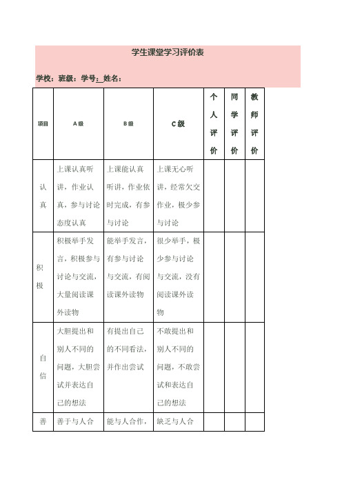 学生课堂学习评价表