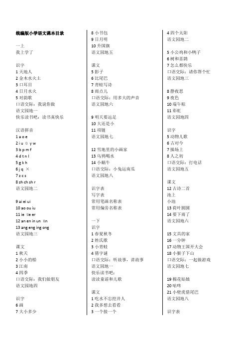 统编版小学语文课本目录1-6年级