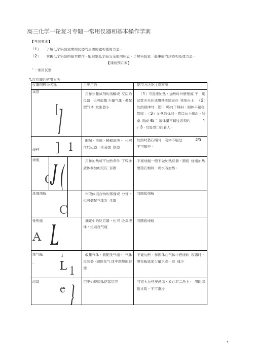 高三化学一轮复习专题一常用仪器和基本操作导学案