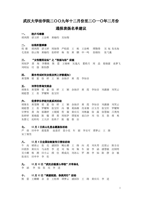 法学院十二月份至二〇一〇年二月份通报表扬名单