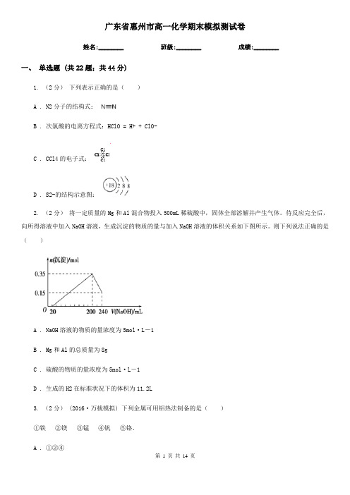 广东省惠州市高一化学期末模拟测试卷