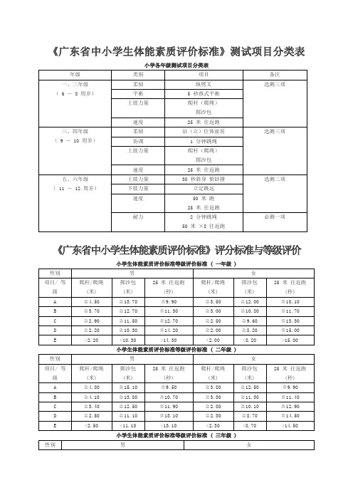 广东省中小学生体能素质评价标准