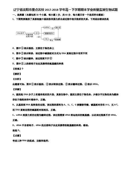 辽宁省沈阳市重点名校2017-2018学年高一下学期期末学业质量监测生物试题含解析