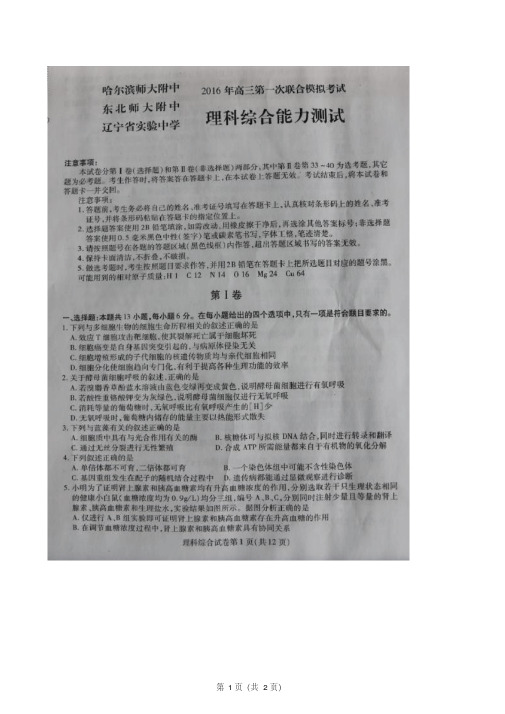 2016届东北三省三校(哈尔滨师大附中、东北师大附中、辽宁省实验中学)高三第一次联合模拟考试理科综合试题