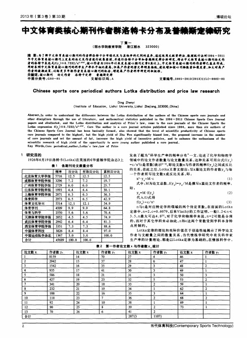 中文体育类核心期刊作者群洛特卡分布及普赖斯定律研究