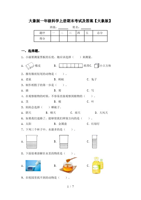 大象版一年级科学上册期末考试及答案【大象版】