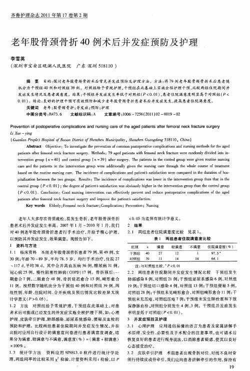 老年股骨颈骨折40例术后并发症预防及护理