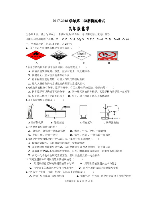 2017-2018学年第二学期九年级下化学摸底考试试题