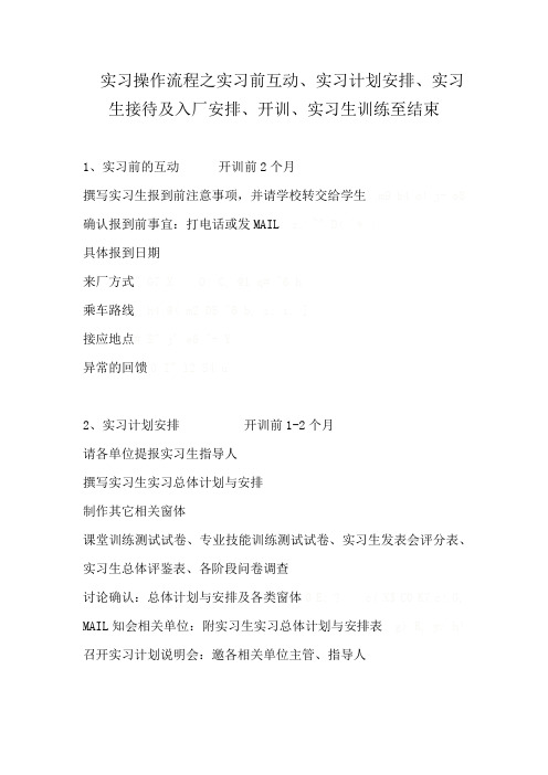 实习操作流程之实习前互动、实习计划安排、实习生接待及入厂安排、开训、实习生训练至结束