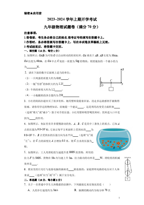 2023-2024学年九年级上学期开学物理试题