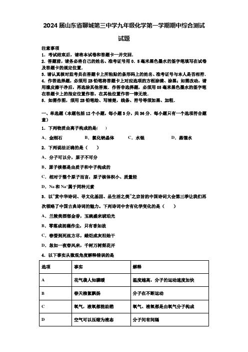 2024届山东省聊城第三中学九年级化学第一学期期中综合测试试题含解析