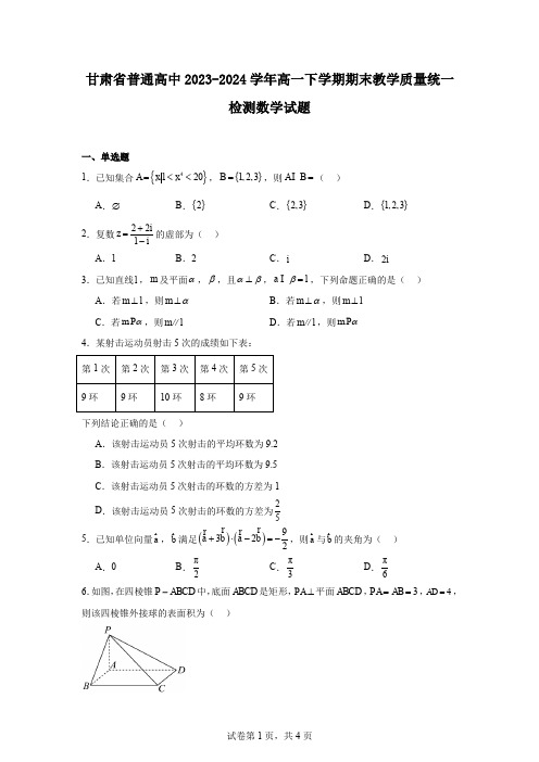 甘肃省普通高中2023-2024学年高一下学期期末教学质量统一检测数学试题