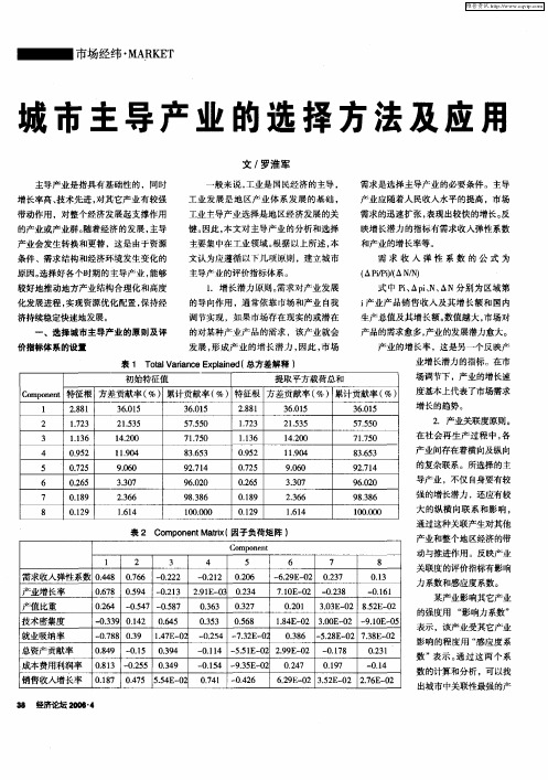 城市主导产业的选择方法及应用